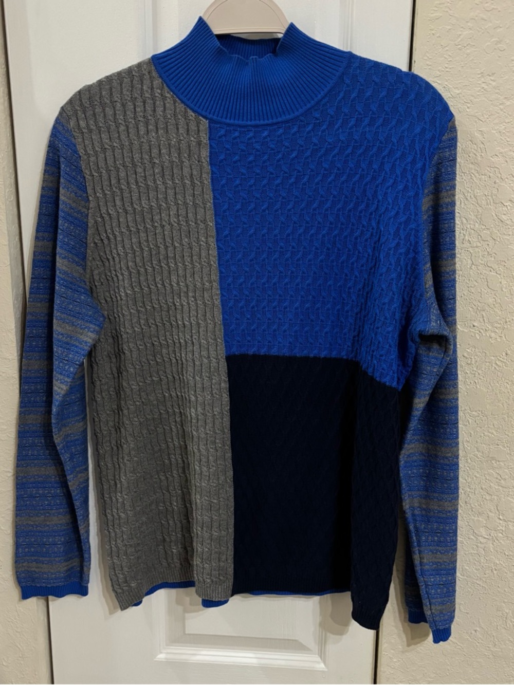 Edinburgh Knitwear Color block Cable Knit Blue and Gray 100% Pima Cotton Sweater - Picture 2 of 6